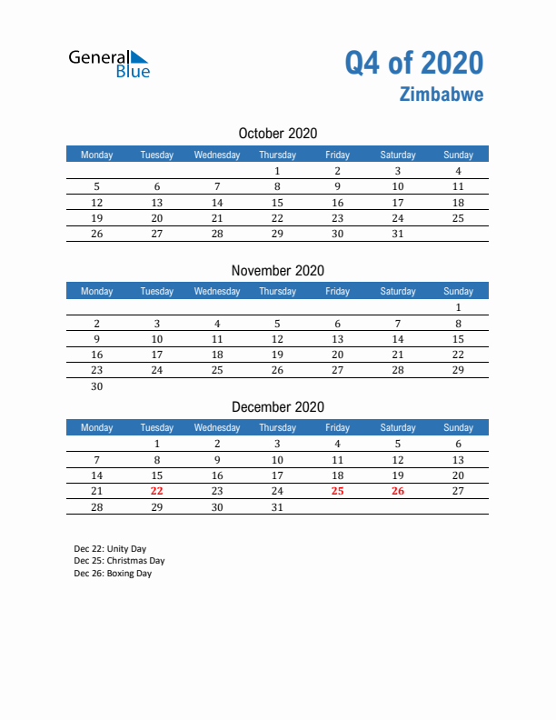 Zimbabwe 2020 Quarterly Calendar with Monday Start