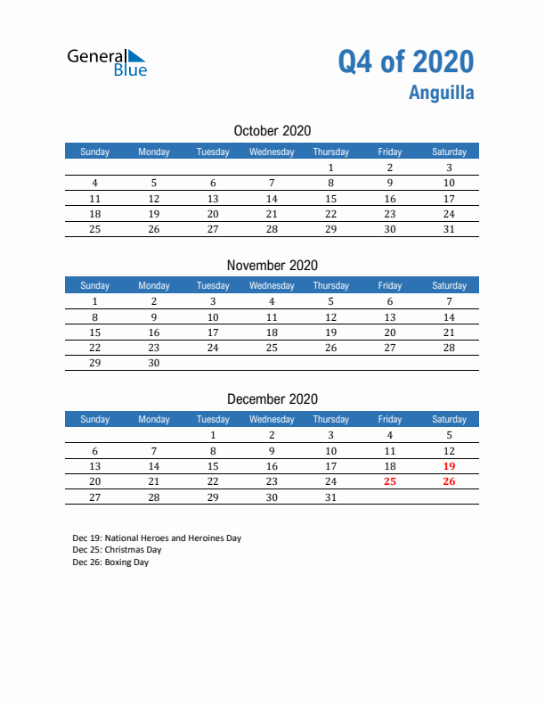 Anguilla 2020 Quarterly Calendar with Sunday Start