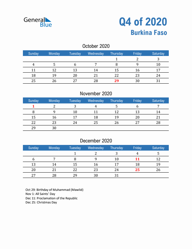Burkina Faso 2020 Quarterly Calendar with Sunday Start