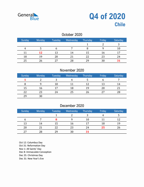 Chile 2020 Quarterly Calendar with Sunday Start
