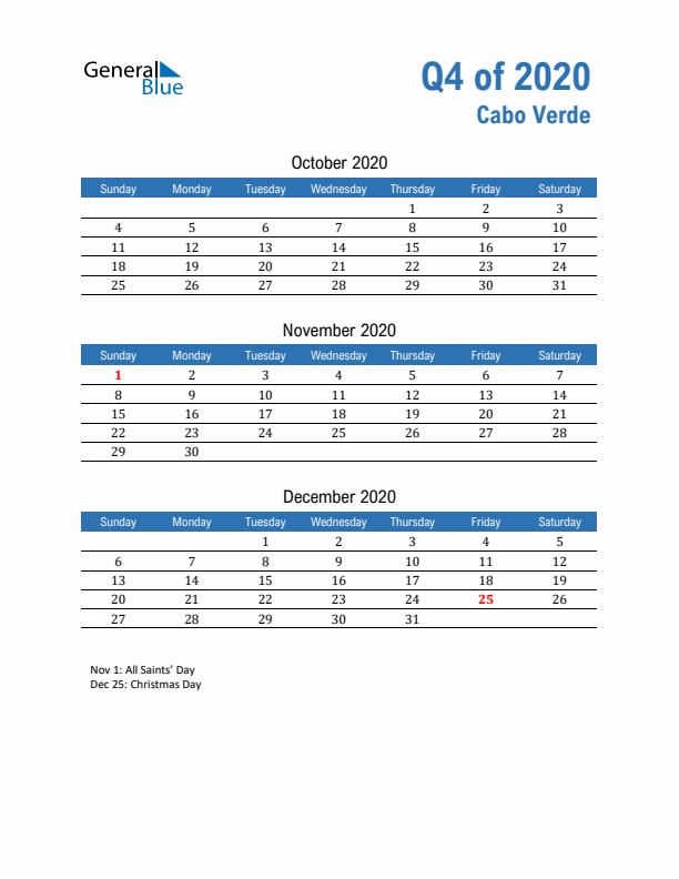 Cabo Verde 2020 Quarterly Calendar with Sunday Start