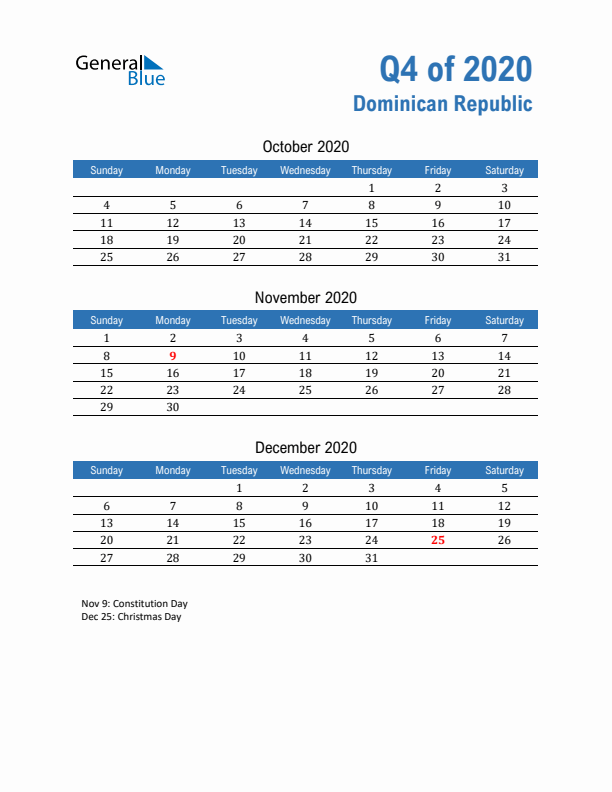 Dominican Republic 2020 Quarterly Calendar with Sunday Start