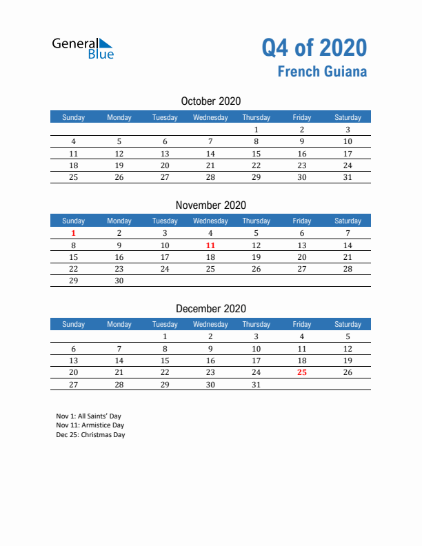 French Guiana 2020 Quarterly Calendar with Sunday Start
