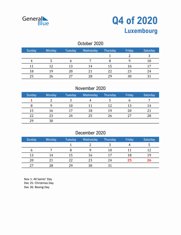 Luxembourg 2020 Quarterly Calendar with Sunday Start
