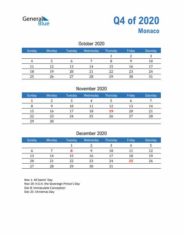 Monaco 2020 Quarterly Calendar with Sunday Start