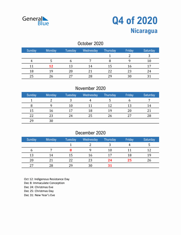 Nicaragua 2020 Quarterly Calendar with Sunday Start