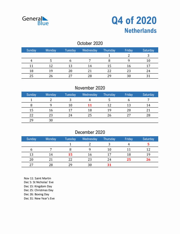 The Netherlands 2020 Quarterly Calendar with Sunday Start