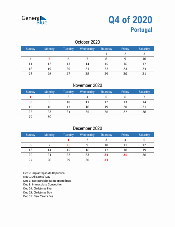 Portugal 2020 Quarterly Calendar with Sunday Start