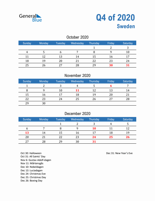 Sweden 2020 Quarterly Calendar with Sunday Start