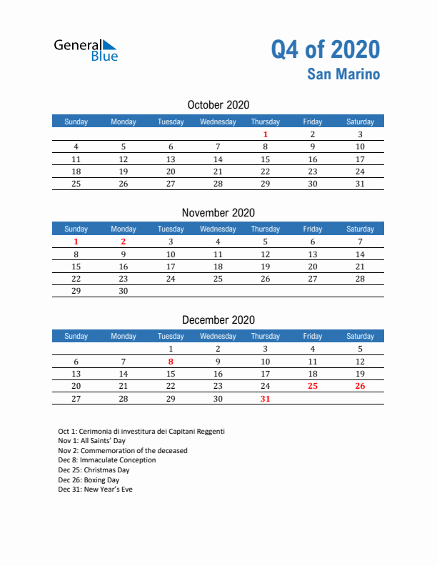 San Marino 2020 Quarterly Calendar with Sunday Start