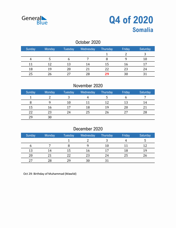 Somalia 2020 Quarterly Calendar with Sunday Start