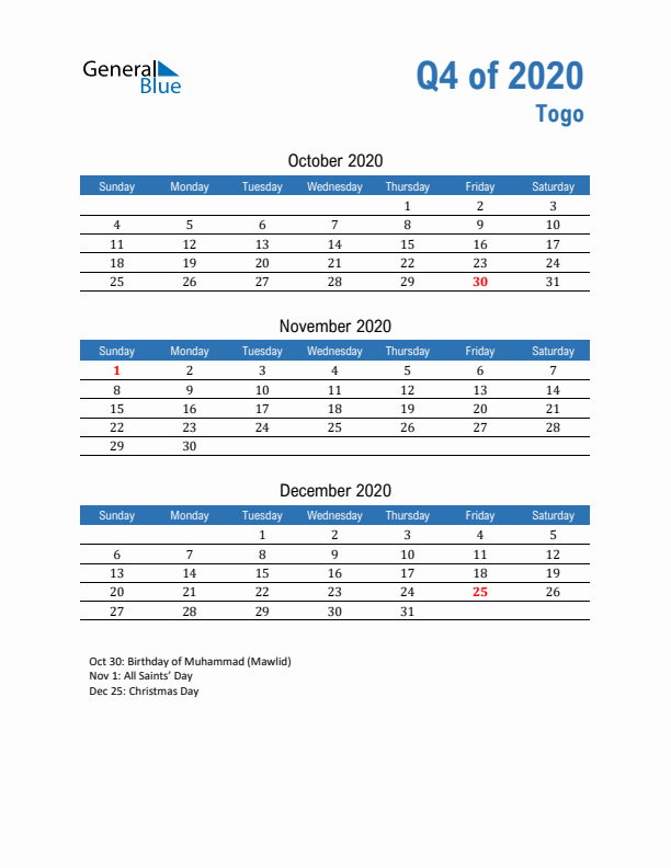 Togo 2020 Quarterly Calendar with Sunday Start