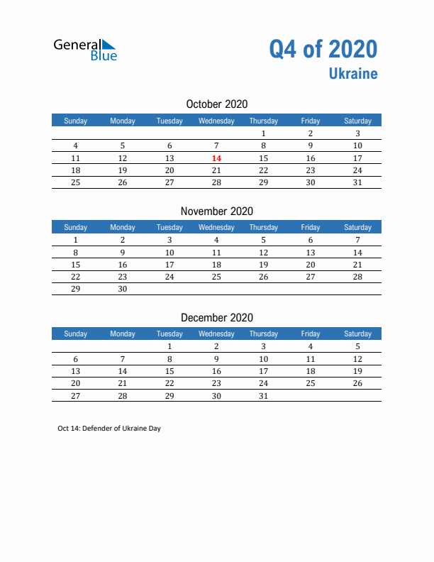 Ukraine 2020 Quarterly Calendar with Sunday Start