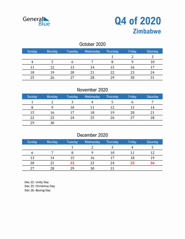 Zimbabwe 2020 Quarterly Calendar with Sunday Start