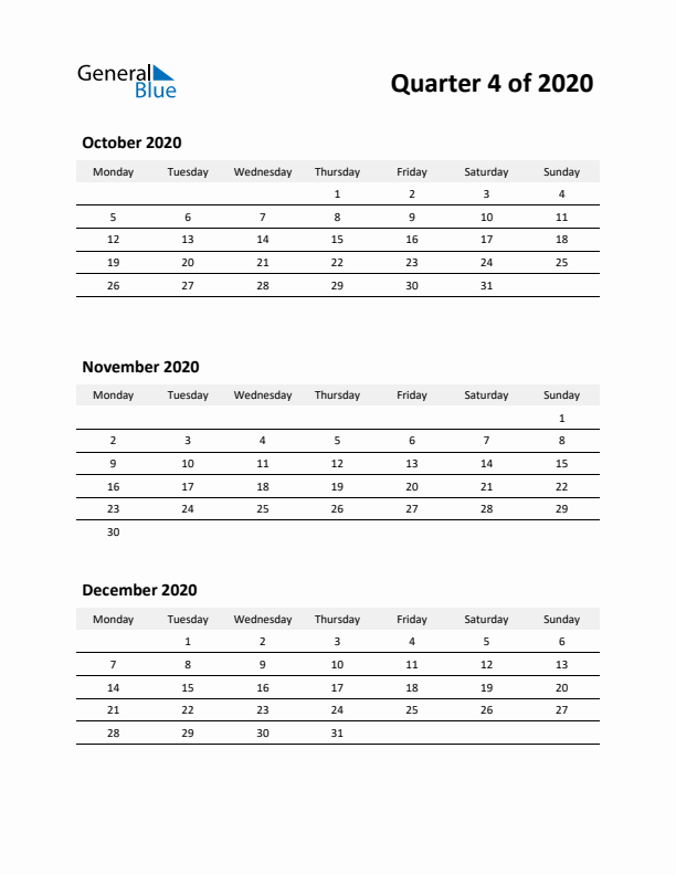 2020 Three-Month Calendar (Quarter 4)