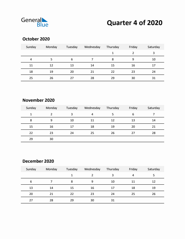 2020 Three-Month Calendar (Quarter 4)