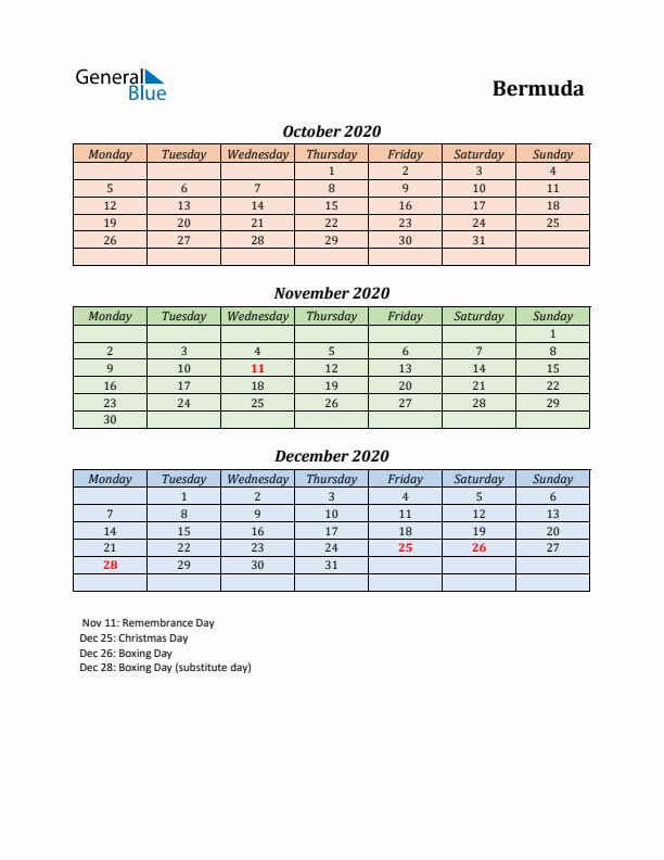 Q4 2020 Holiday Calendar - Bermuda