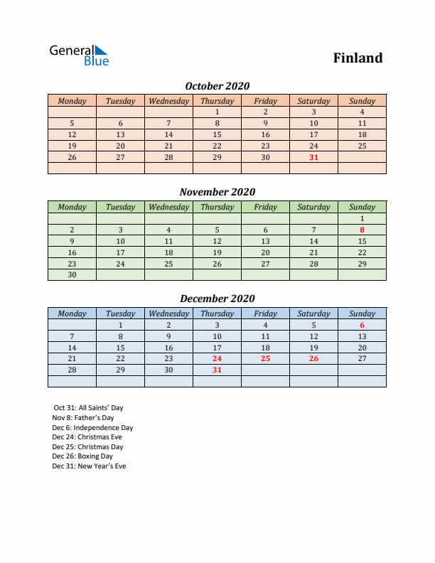 Q4 2020 Holiday Calendar - Finland