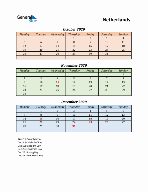 Q4 2020 Holiday Calendar - The Netherlands