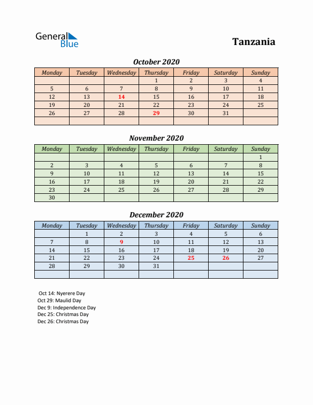 Q4 2020 Holiday Calendar - Tanzania