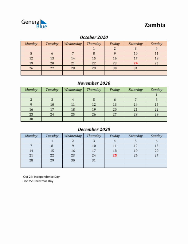 Q4 2020 Holiday Calendar - Zambia