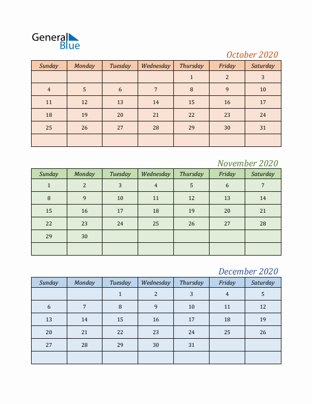 Three-Month Calendar for Year 2020 (October, November, and December)