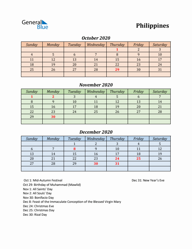 Q4 2020 Holiday Calendar - Philippines