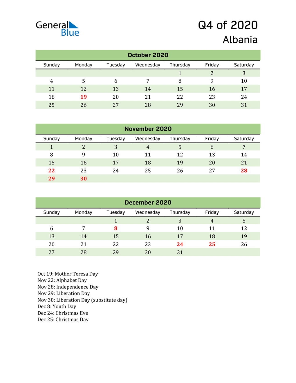  Quarterly Calendar 2020 with Albania Holidays 