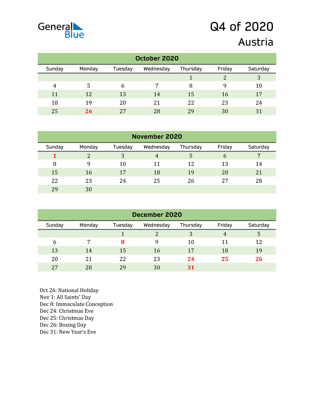  Quarterly Calendar 2020 with Austria Holidays 