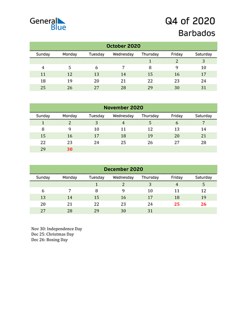  Quarterly Calendar 2020 with Barbados Holidays 