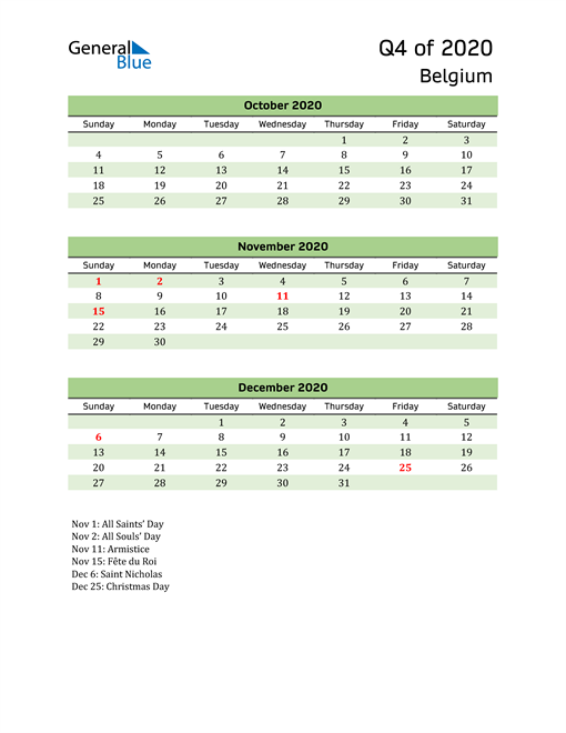  Quarterly Calendar 2020 with Belgium Holidays 