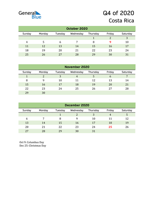  Quarterly Calendar 2020 with Costa Rica Holidays 