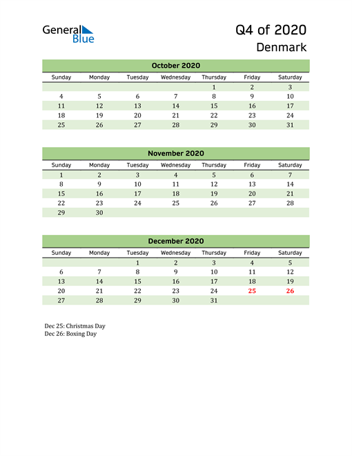 Quarterly Calendar 2020 with Denmark Holidays 