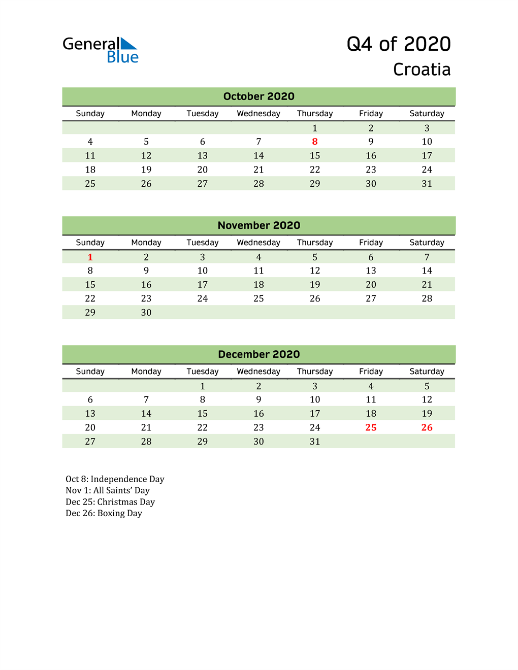  Quarterly Calendar 2020 with Croatia Holidays 
