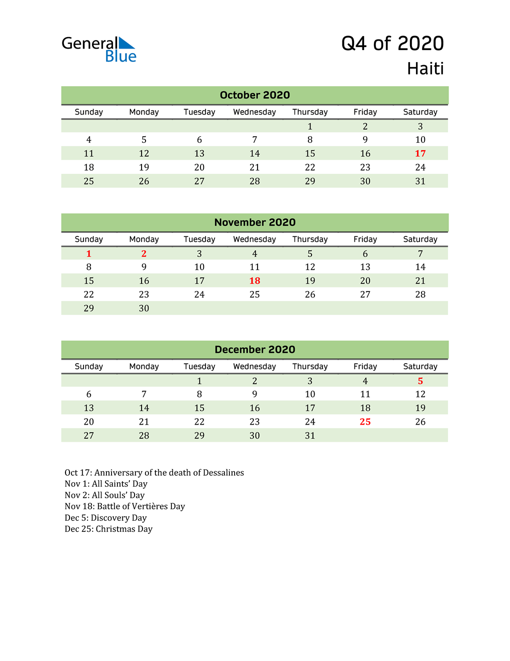  Quarterly Calendar 2020 with Haiti Holidays 