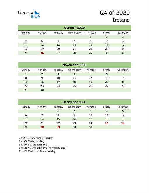  Quarterly Calendar 2020 with Ireland Holidays 