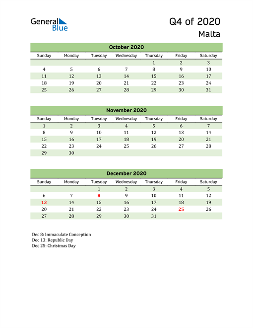  Quarterly Calendar 2020 with Malta Holidays 