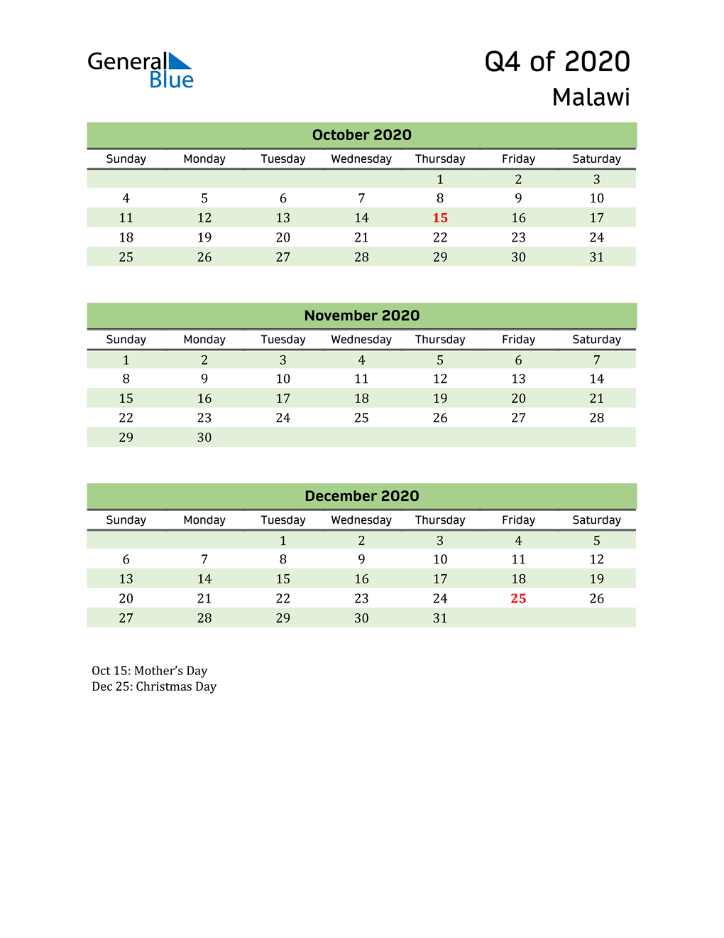  Quarterly Calendar 2020 with Malawi Holidays 