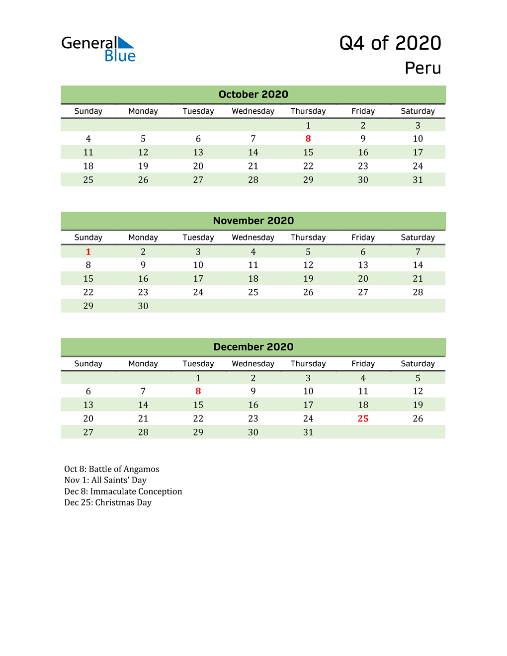  Quarterly Calendar 2020 with Peru Holidays 