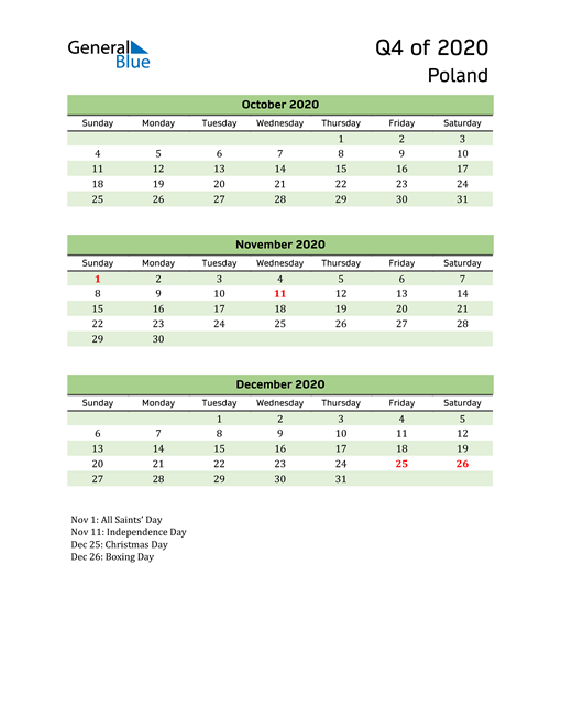  Quarterly Calendar 2020 with Poland Holidays 