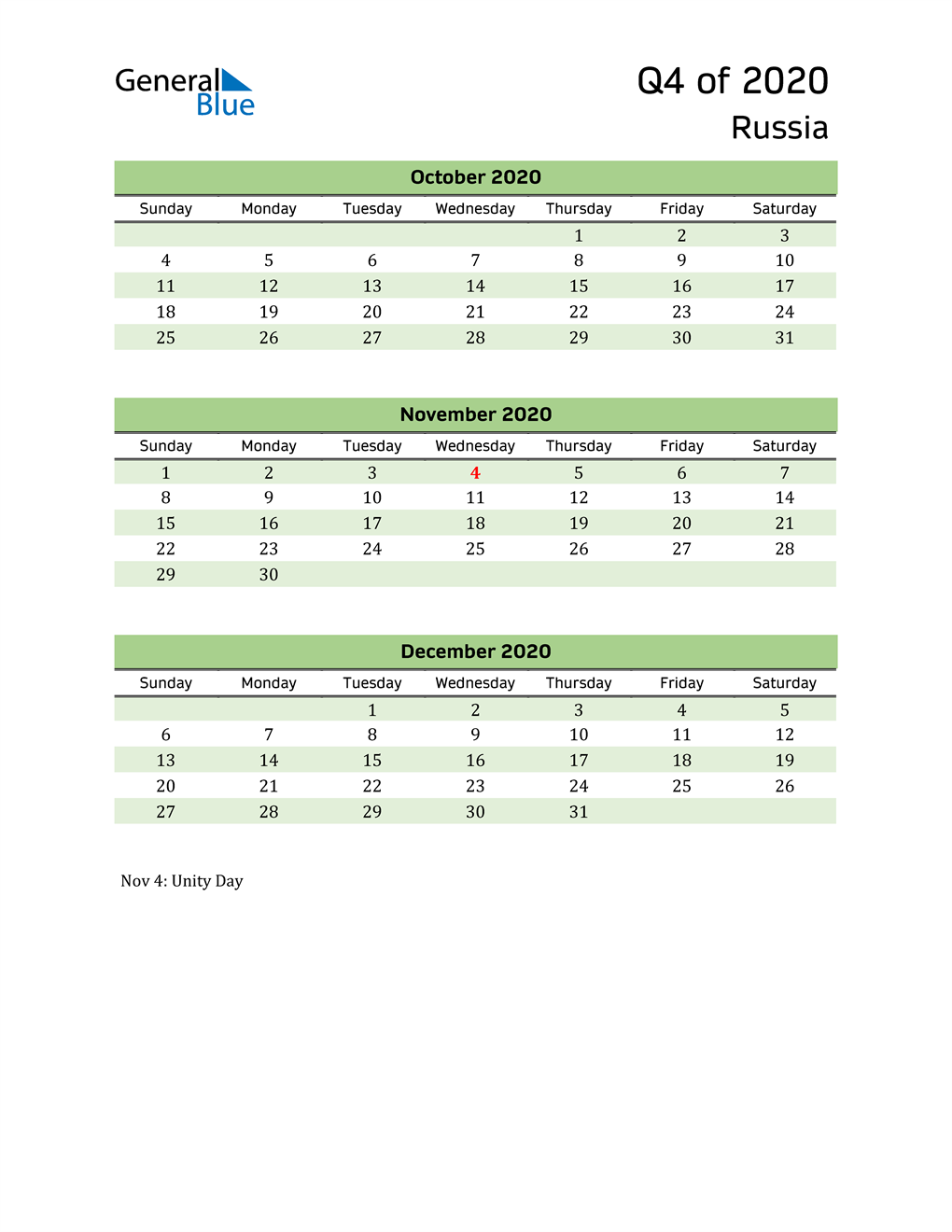  Quarterly Calendar 2020 with Russia Holidays 