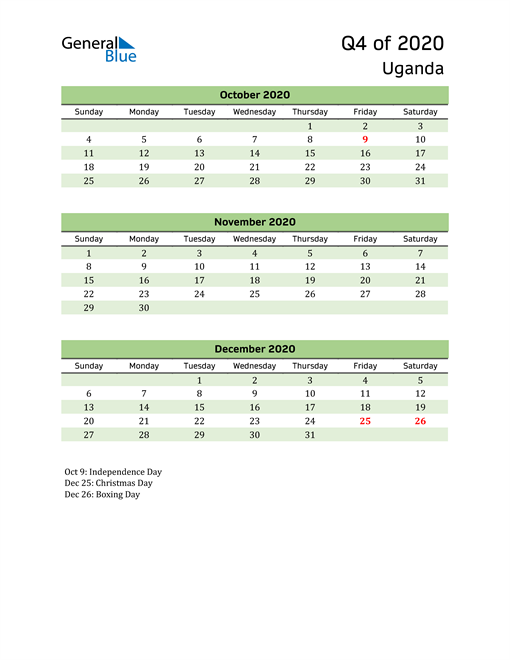 Quarterly Calendar 2020 with Uganda Holidays 