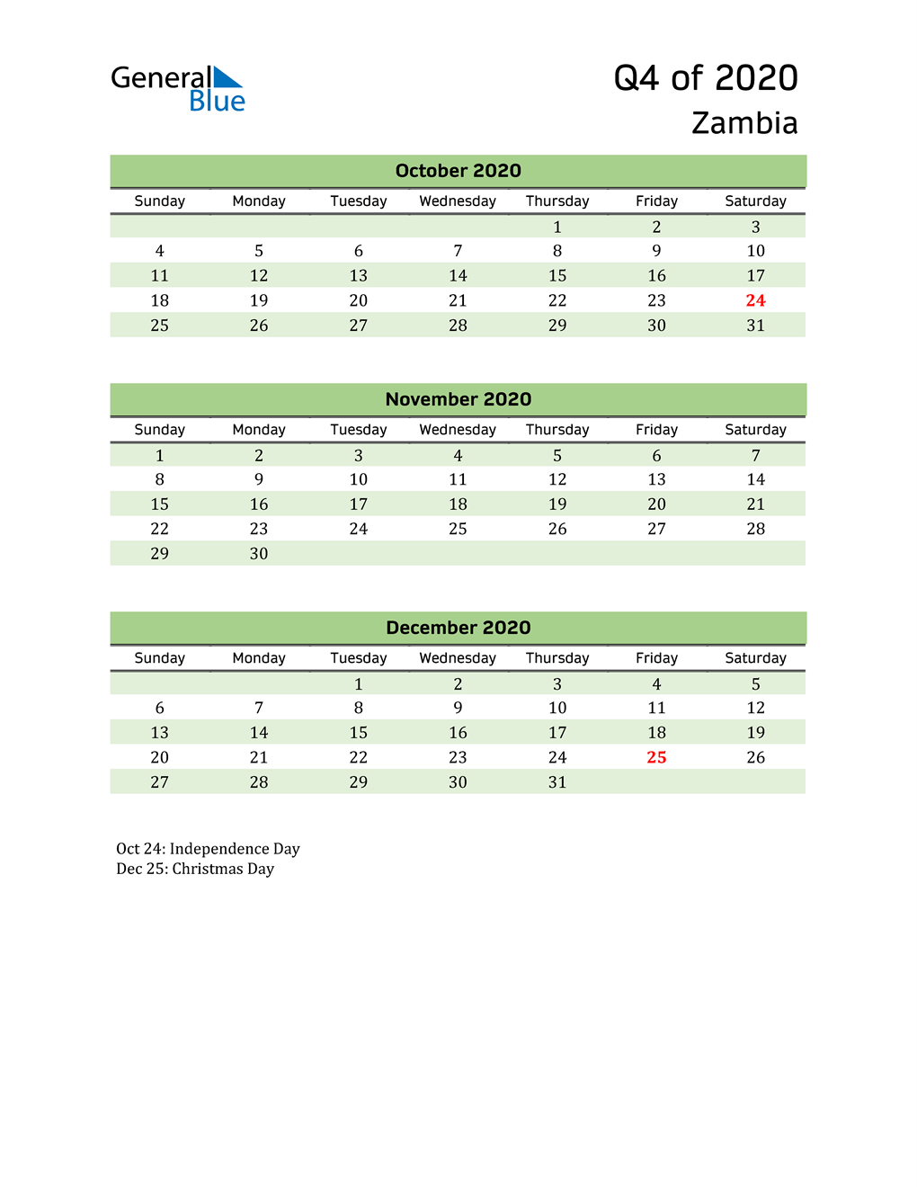  Quarterly Calendar 2020 with Zambia Holidays 