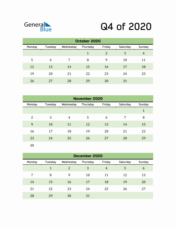 Printable Quarterly Calendar (Q4 2020)