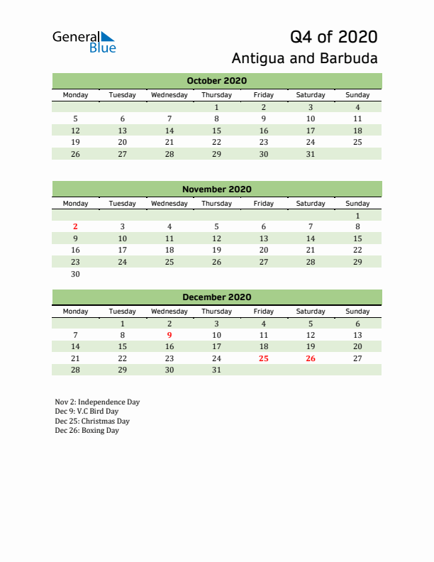 Quarterly Calendar 2020 with Antigua and Barbuda Holidays