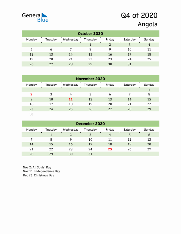 Quarterly Calendar 2020 with Angola Holidays