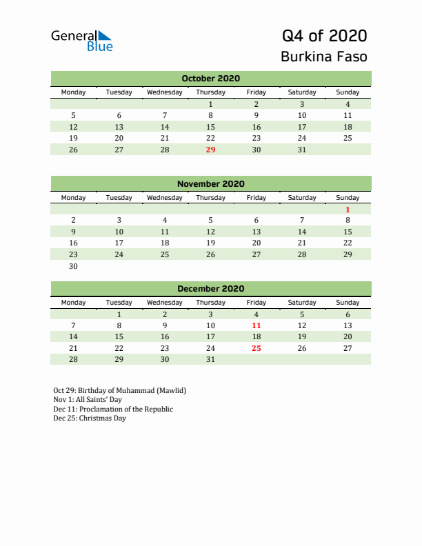 Quarterly Calendar 2020 with Burkina Faso Holidays