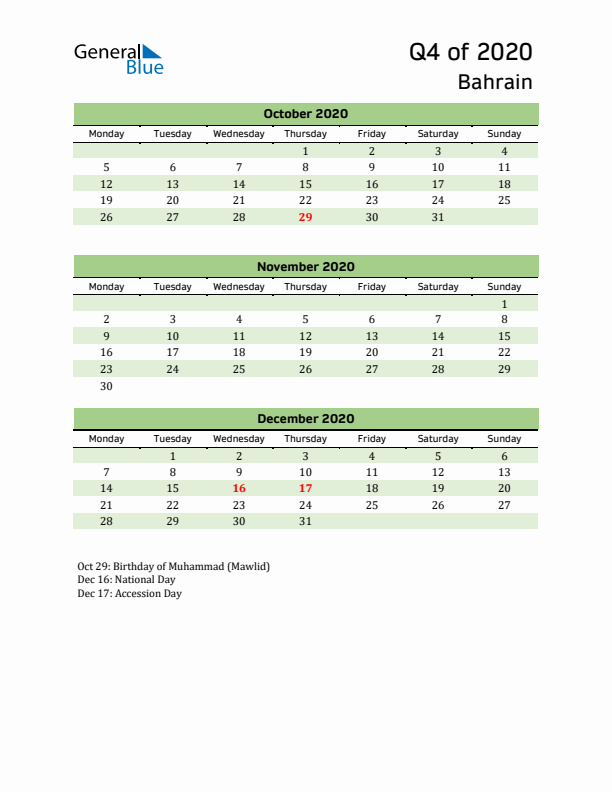 Quarterly Calendar 2020 with Bahrain Holidays