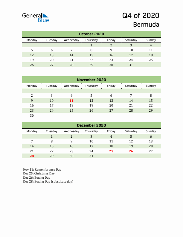 Quarterly Calendar 2020 with Bermuda Holidays