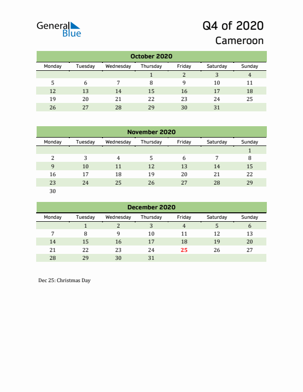 Quarterly Calendar 2020 with Cameroon Holidays